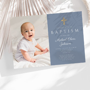 Invitation Dusty Blue Religieux Cross Boy Photo Baptême