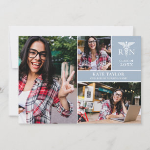 Invitation Dusty Blue RN Nursing 3 Photo Graduation Party