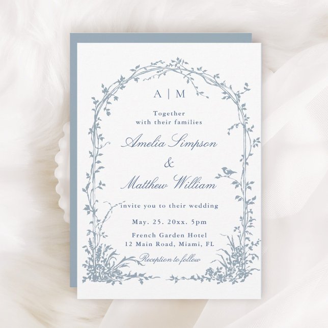 Invitation Dusty Blue Romantic Botanical Arch Garden Wedding  (Créateur téléchargé)