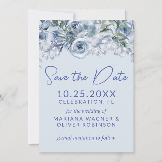 Invitation Dusty Blue Romantic Floral Enregistrer la date (Devant)
