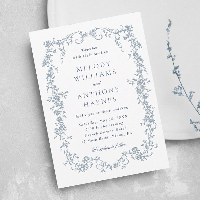 Invitation Dusty Blue Romantic French Floral Wedding  (Créateur téléchargé)