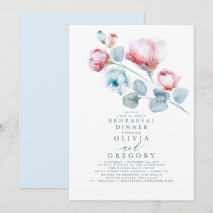 Invitation Dusty Blue Rose Floral Élégant Dîner de répétition