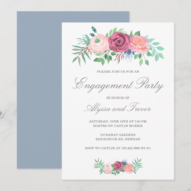 Invitation Dusty Blue Rose Floral Élégante Partie d'engagemen (Devant / Derrière)