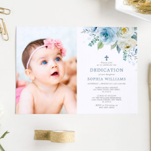 Invitation Dusty Blue Rose Floral Photo Girl Dedication