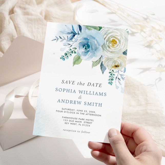Invitation Dusty Blue Rose Floral Wedding Enregistrer la date (Créateur téléchargé)