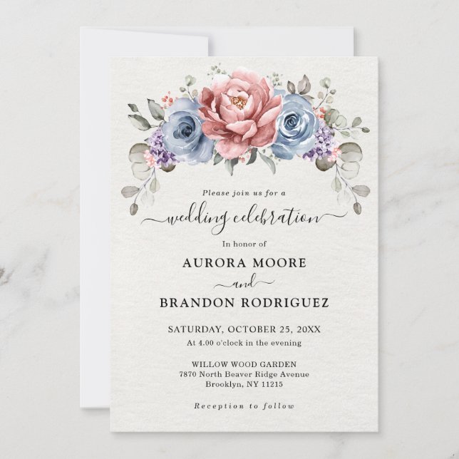 Invitation Dusty Blue Rose Gold Coral violet Mariage (Devant)