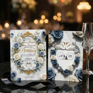 Invitation Dusty Blue Rose Marble Swan Fairytale Wedding