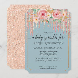 Invitation Dusty Blue Rose or Parties scintillant rose floral