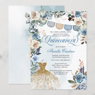 Invitation Dusty Blue Rose Papel Picado Pays Quinceañera