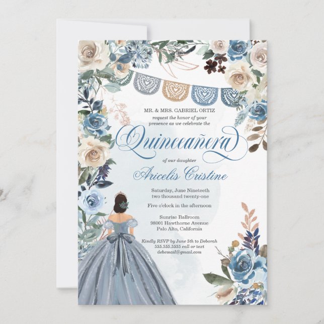 Invitation Dusty Blue Rose Pays Papel Picado Quinceañera (Devant)