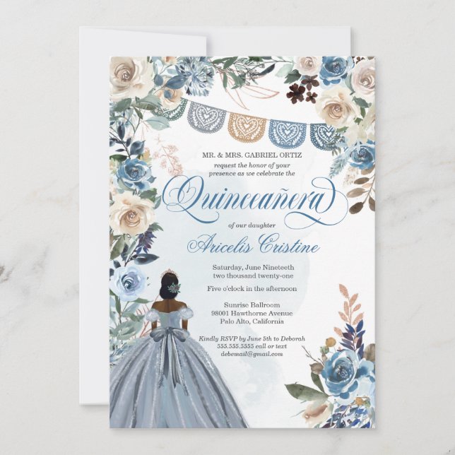 Invitation Dusty Blue Rose rustique Pays Quinceañera (Devant)