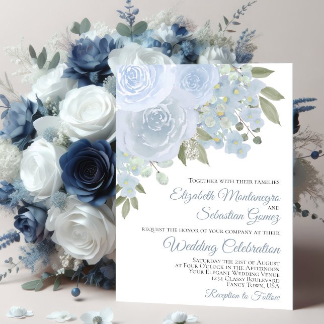 Invitation Dusty Blue Roses & Blossoms Mariage élégant (In Situ with Flowers)