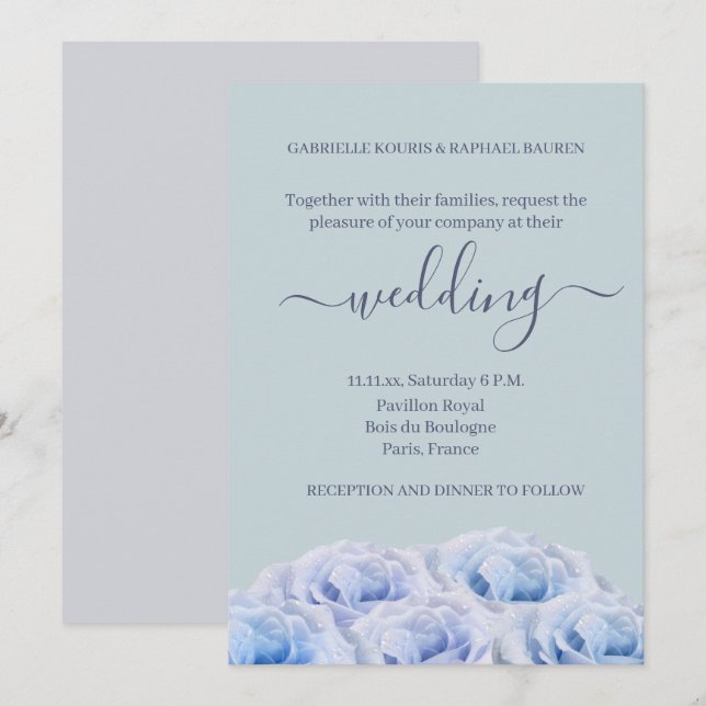 Invitation Dusty Blue Roses Sage Grey Élégant Mariage floral (Devant / Derrière)