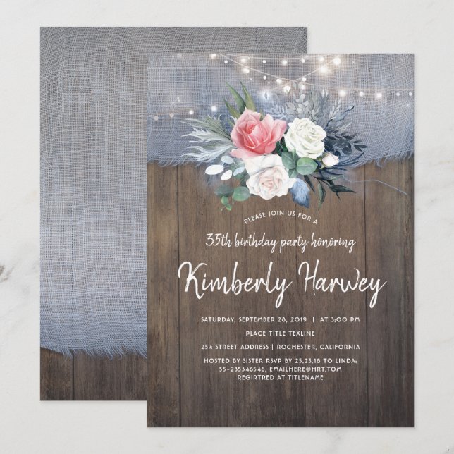 Invitation Dusty Blue Rustic Country Floral Anniversaire (Devant / Derrière)