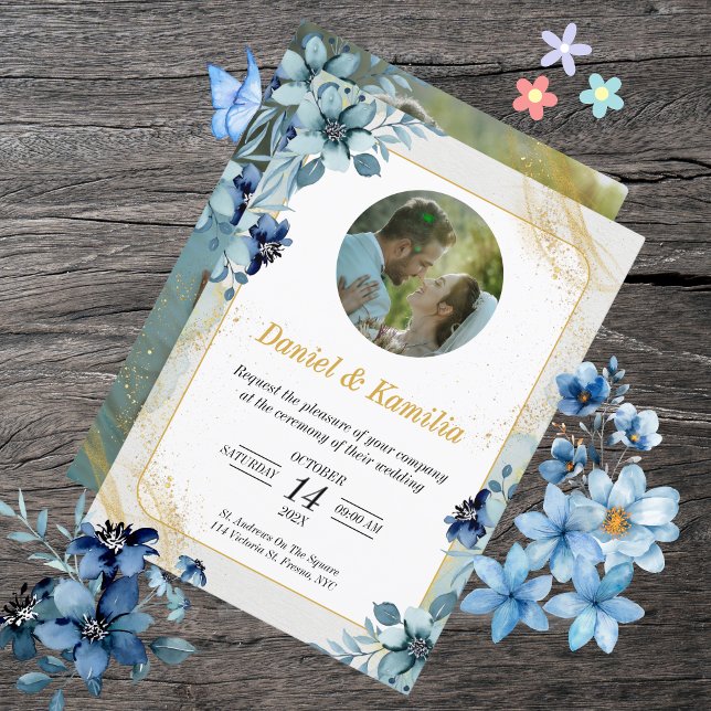 Invitation Dusty Blue Rustic Floral Wedding Inviter avec phot (Dusty Blue Rustic Floral Wedding Invite with Photo
)