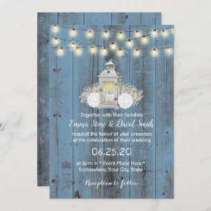 Invitation Dusty Blue Rustic Lantern & String Mariage