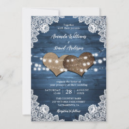 Invitation Dusty Blue Rustic Wood Burlap Lights Mariage