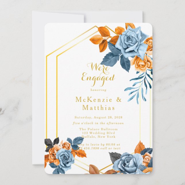 Invitation Dusty Blue & Rusty Peony Gold Engagement Party (Devant)
