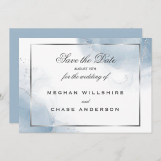 Invitation Dusty Blue Script Argent Enregistrer la date