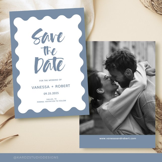 Invitation Dusty Blue Script Photo Enregistrer La Date Invita (Modern Dusty Blue Photo Save The Date. with scallop frame and script, Black and white photo webpage.)