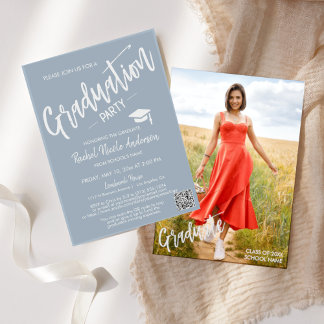Invitation Dusty Blue Script QR Code Photo Graduation Party
