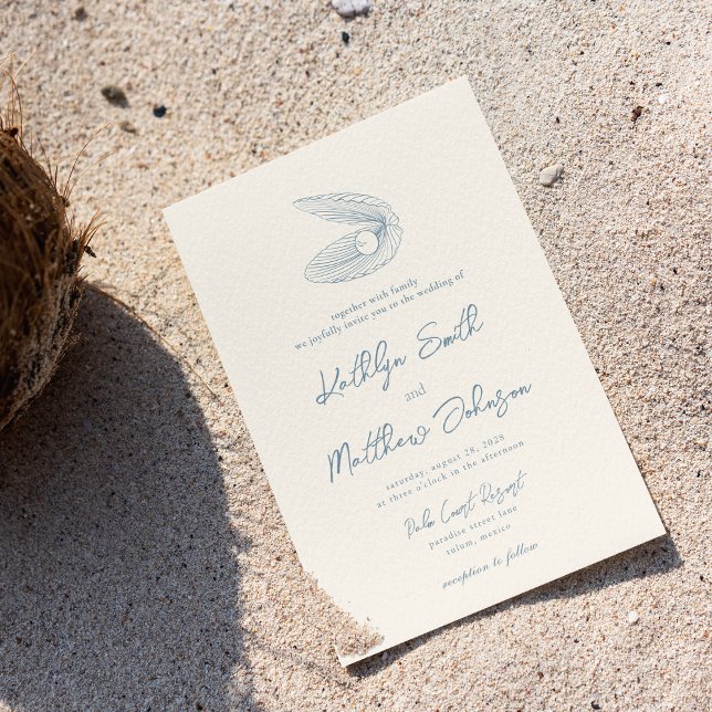 Invitation Dusty Blue Shell Beach Ocean Destination Mariage (Créateur téléchargé)