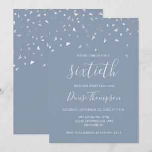 Invitation Dusty Blue Silver Confetti 60e fête d'anniversaire