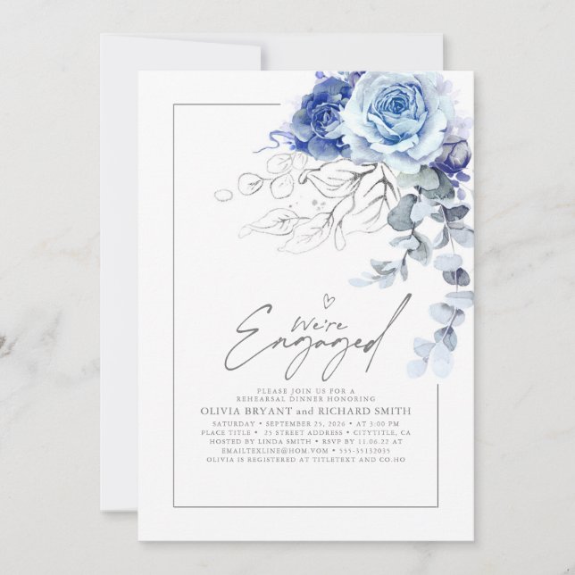 Invitation Dusty Blue Silver Floral Engagement Party Photo (Devant)
