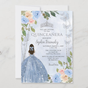 Invitation Dusty Blue Silver Floral Princess Quinceañera