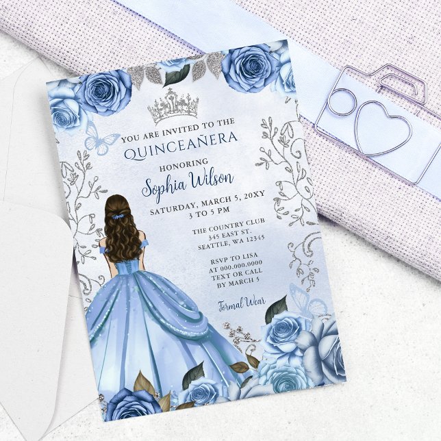 Invitation Dusty Blue Silver Floral Princess Quinceañera (Dusty Blue Silver Floral Princess Quinceañera Invitation)