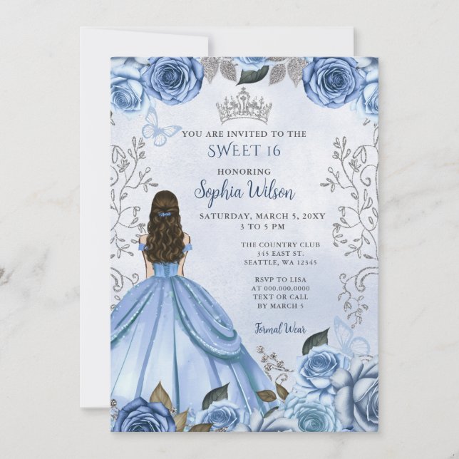 Invitation Dusty Blue Silver Floral Princess Sweet 16 (Devant)