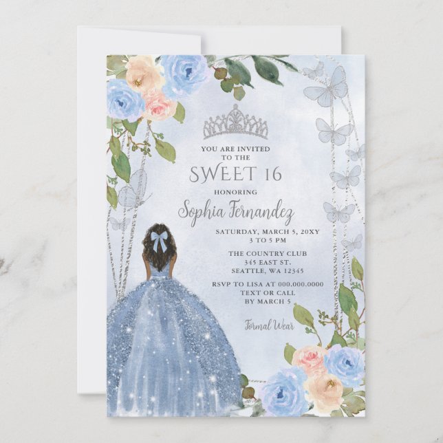 Invitation Dusty Blue Silver Floral Princess Sweet 16 (Devant)