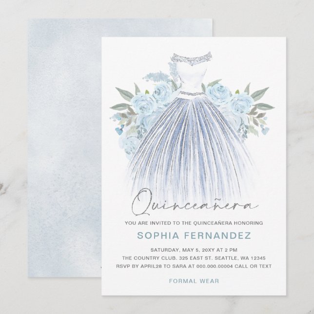 Invitation Dusty Blue Silver parties scintillant Floral Robe  (Devant / Derrière)