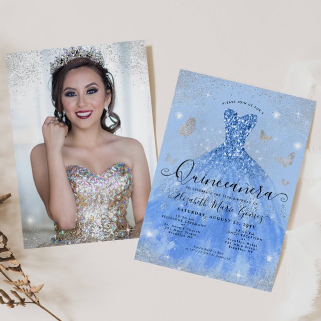 Invitation Dusty Blue Silver Parties scintillant Gown Photo Q (Créateur téléchargé)