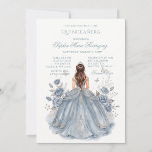 Invitation Dusty Blue Silver Princess Floral Quinceañera