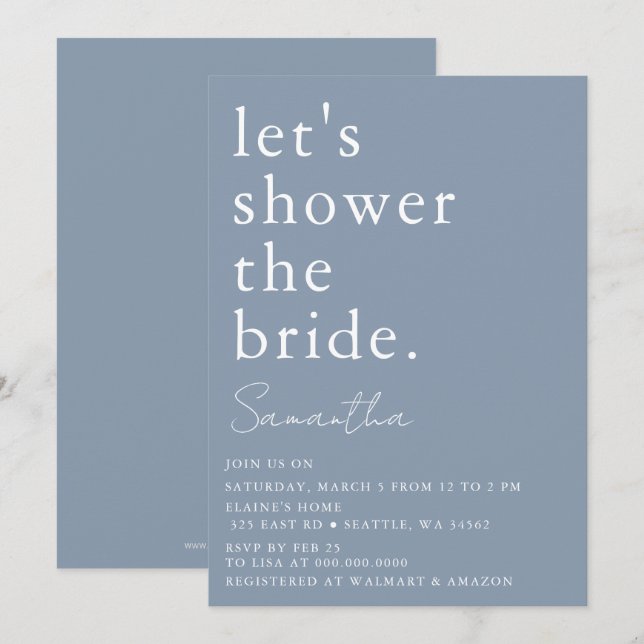 Invitation Dusty Blue Simple Élégante Fête des mariées modern (Devant / Derrière)