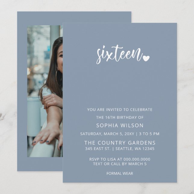 Invitation Dusty Blue Simple Script Sweet 16 Anniversaire Pho (Devant / Derrière)