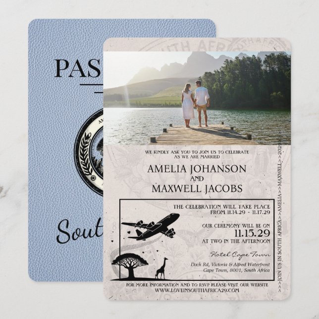 Invitation Dusty Blue South Africa Mariage de passeport (Devant / Derrière)