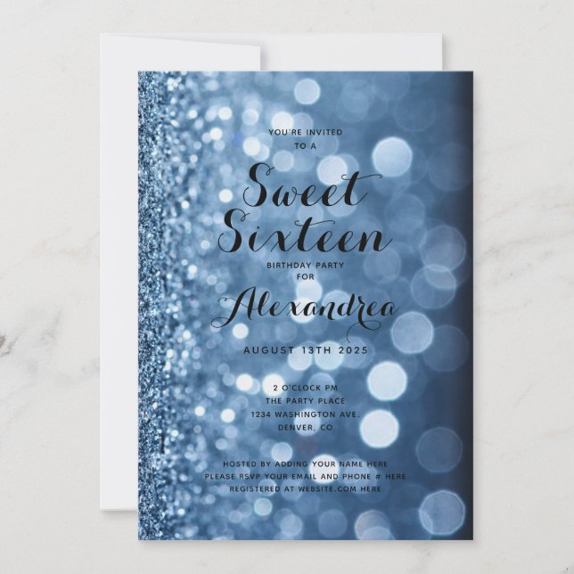 Invitation Dusty Blue Sparkle Sweet sixteen 16 anniversaire (Devant)