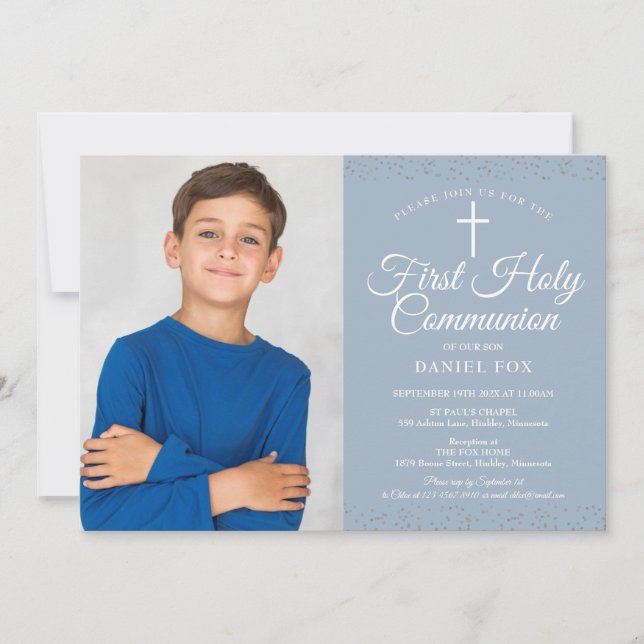 Invitation Dusty Blue Stardust First Holy Communion Photo (Devant)