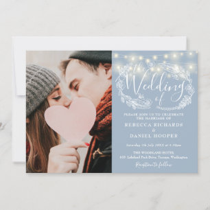 Invitation Dusty Blue String éclaire Floral Photo Mariage