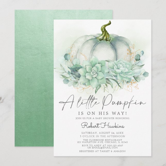 Invitation Dusty Blue Succulents Citrouille Baby shower d'aut (Devant / Derrière)