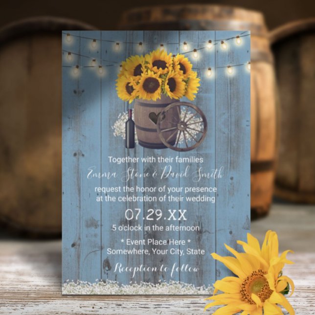 Invitation Dusty Blue Sunflower Bois Baril Rustique Mariage (Créateur téléchargé)