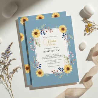 Invitation Dusty Blue Sunflower Bridal Shower Gold Frame
