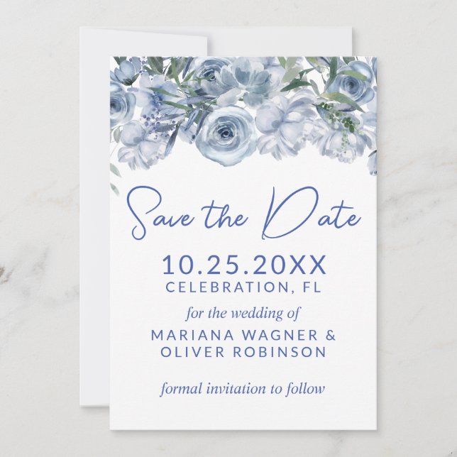 Invitation Dusty Blue sur White Romantic Floral Enregistrer l (Devant)