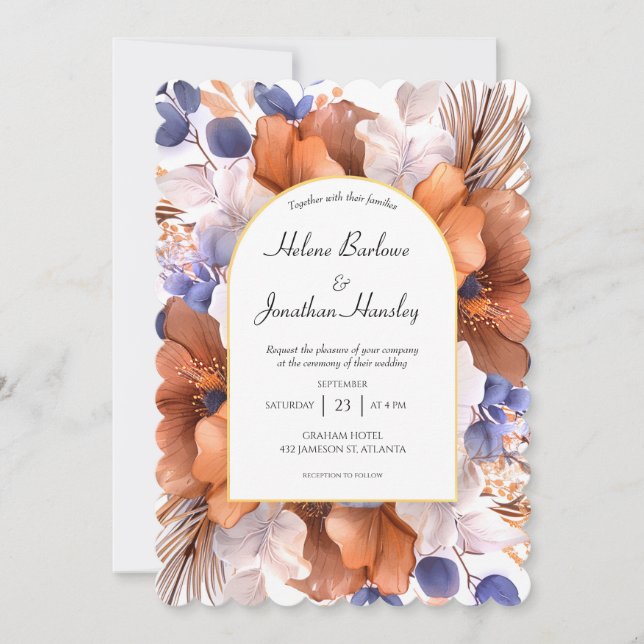 Invitation Dusty Blue Terracotta Aquarelle Mariage élégant (Devant)