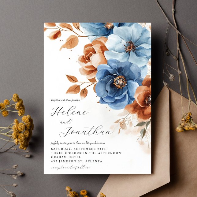 Invitation Dusty Blue Terracotta rouille Élégant Mariage flor (Dusty Blue Terracotta Rust Elegant Floral Wedding Invitation)