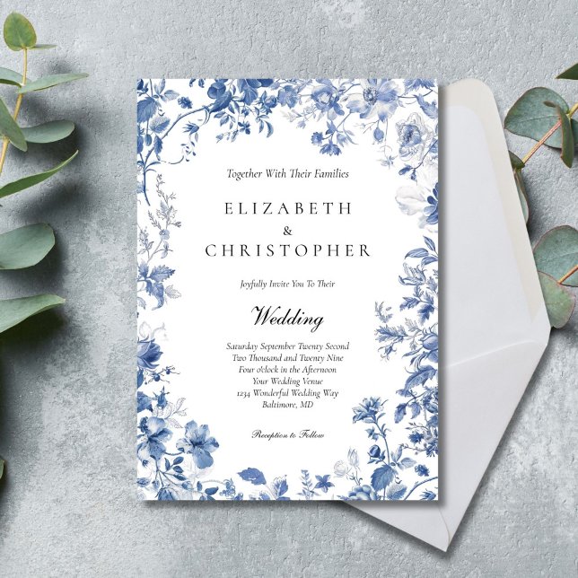 Invitation Dusty Blue Toile Floral Aquarelle Mariage élégant (Dusty Blue Toile Floral Watercolor Elegant Wedding invitation)