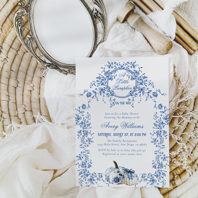 Invitation Dusty Blue Toile Floral Citrouille Baby shower gar (Créateur téléchargé)