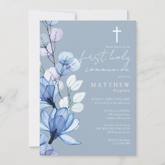 Invitation Dusty Blue Transparent Floral First Holy Communion (Devant)